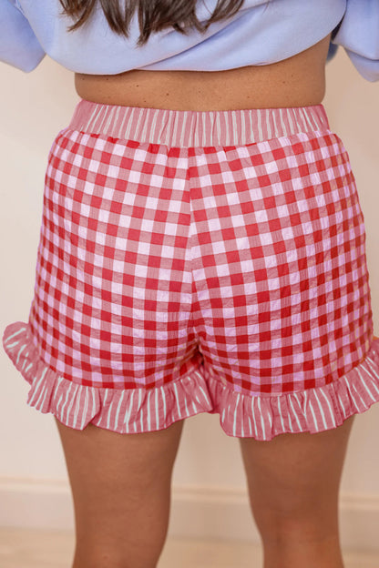 Pink Gingham Print Ruffle Striped Detail Lace Tie Shorts