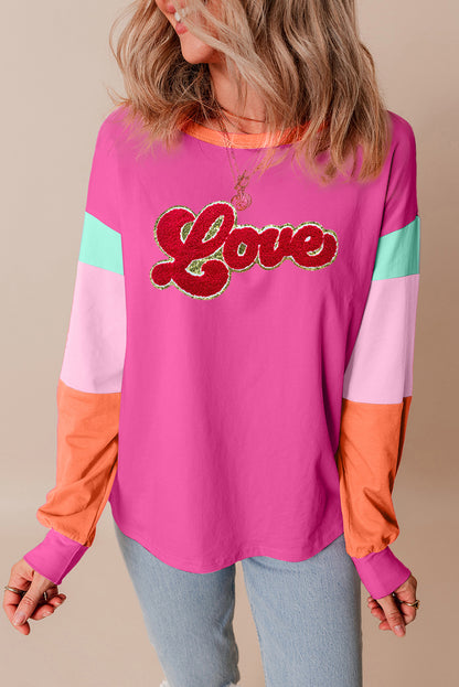 Rose Red Chenille Love Patched Colorblock Long Sleeve Crewneck Top