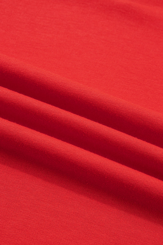 Fiery Red Plus Size Solid Color Notched Neck Seam Detail Patchwork Short Sleeve Top
