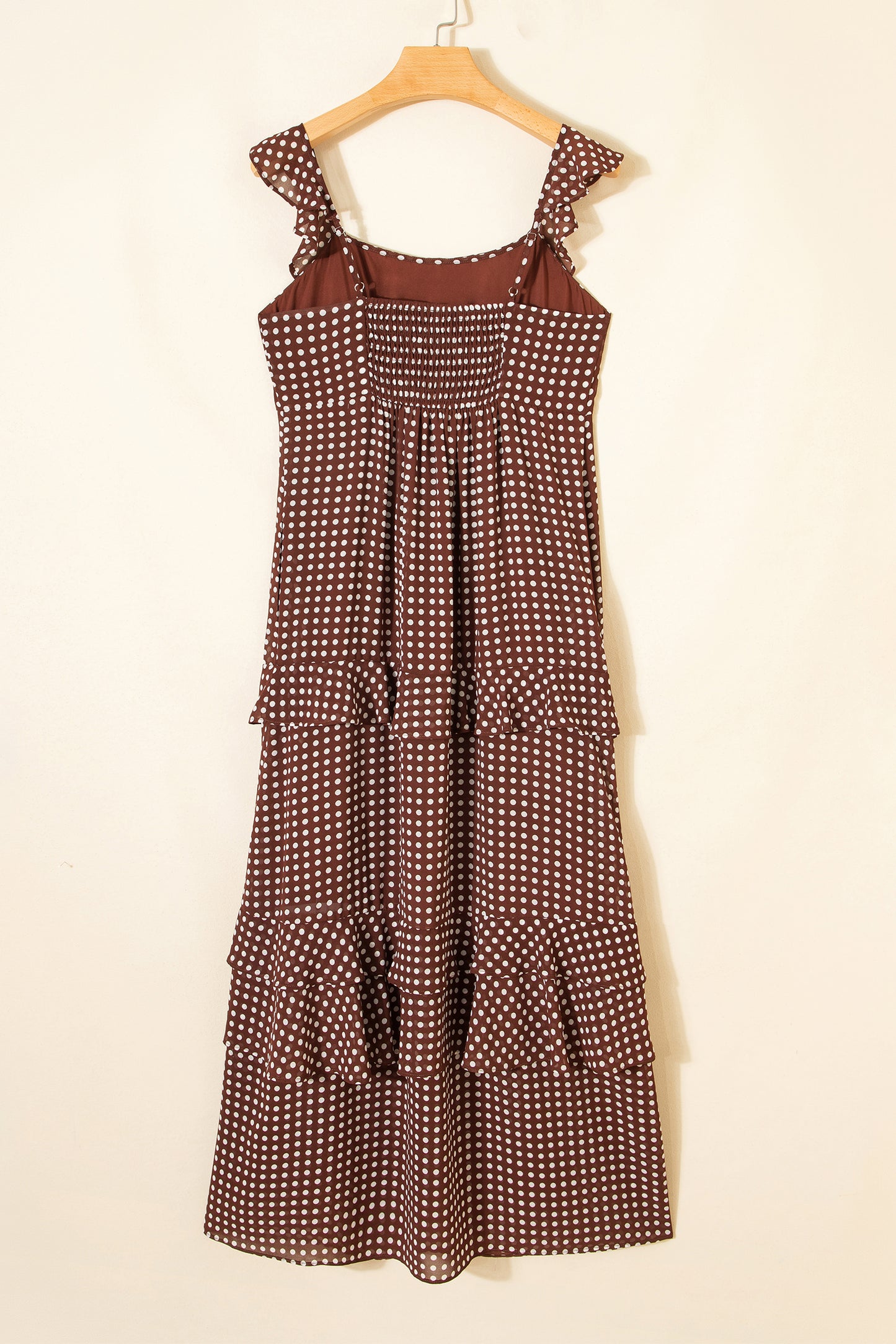 Coffee Polka Dot Print Backless Ruffled Tiered Maxi Dress