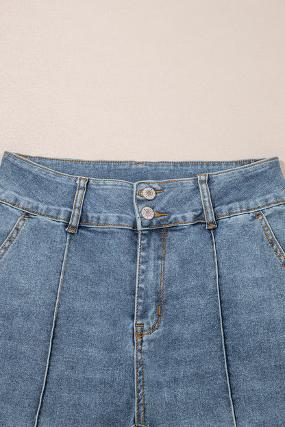 Dusk Blue Buttoned High Waist Piping Trim Flared Jeans