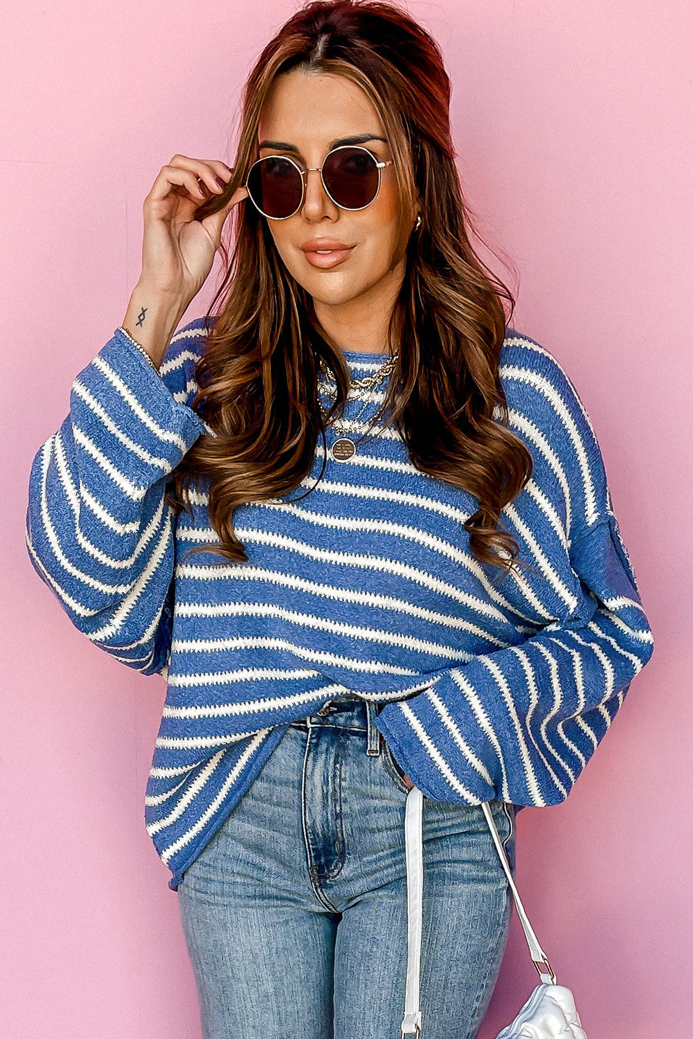 Sky Blue Striped Drop Shoulder Plus Size Sweater