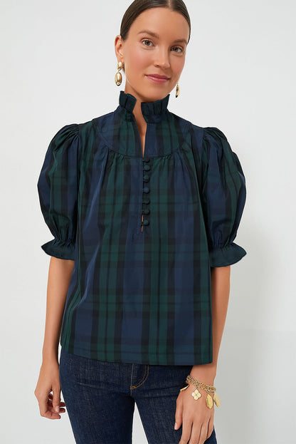 Green Checkered Puff Sleeve Frill Trim Blouse