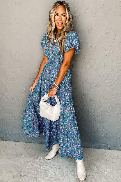 Blue Abstract Print Split V Neck Shirred High Waist Maxi Dress