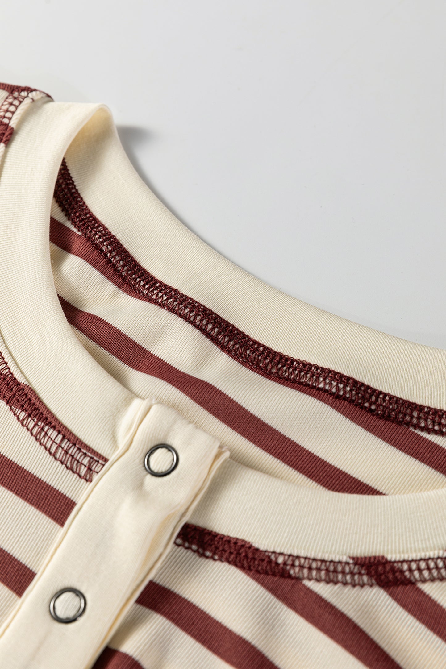 Khaki Stripe Half Buttons Round Neck T Shirt