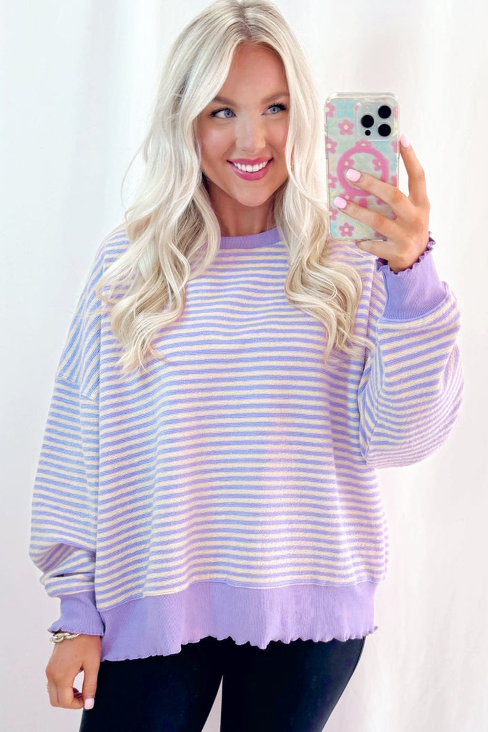 Black Stripe Drop Shoulder Long Sleeve Top