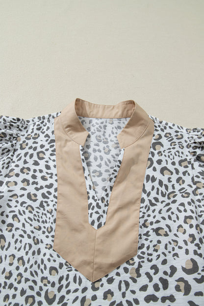 White Leopard Printed Color Block Patchwork V Neck Cap Sleeve Blouse
