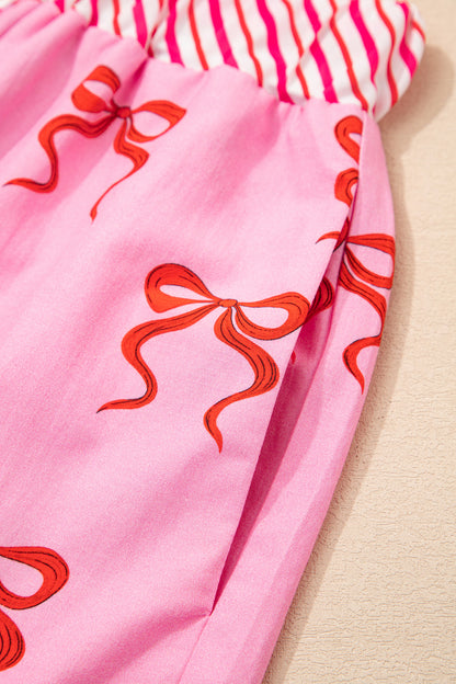 Pink Bow Print Striped Patchwork Elastic Waist Lace Trim Loose Shorts