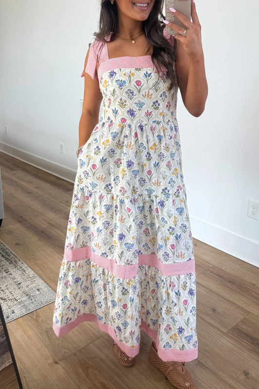 Multicolour Floral Print Striped Detail Knot Straps Maxi Dress