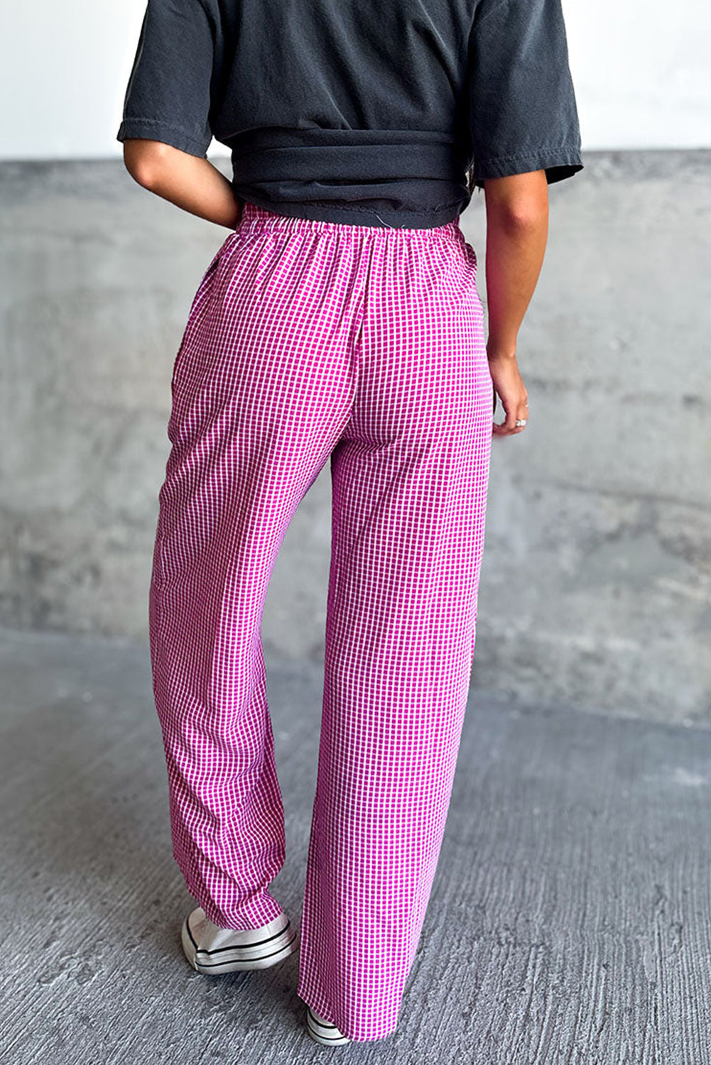 Pink Plaid Print Drawstring High Waist Wide Leg Casual Pocket Pants