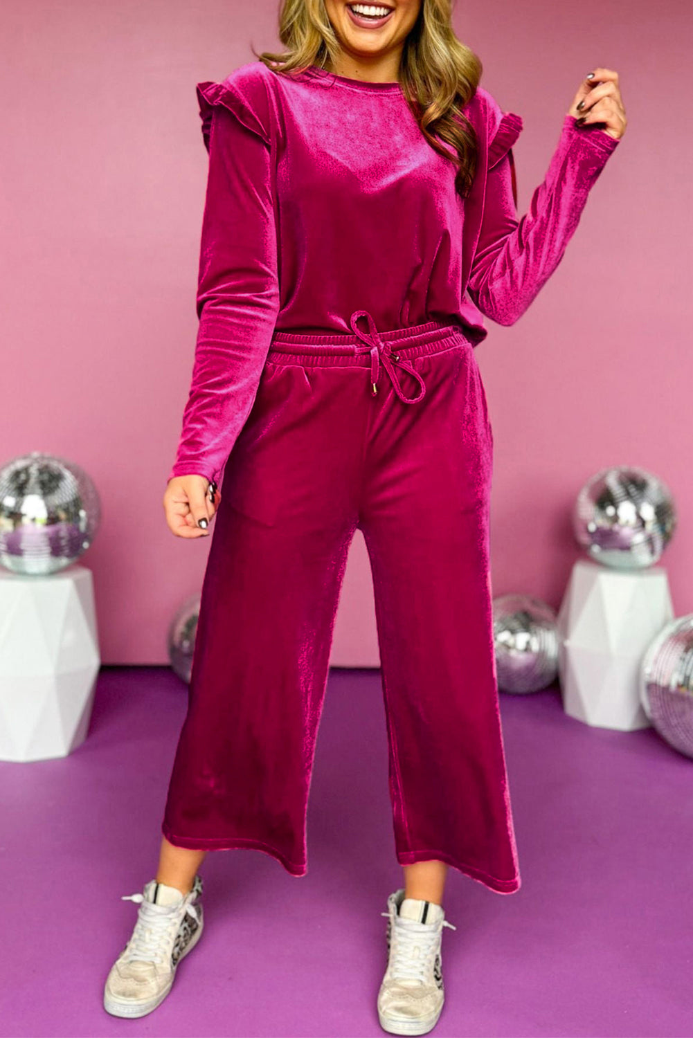 Rose Red Velvet Ruffle Shoulder and Wide Leg Pants Set