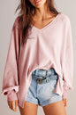 Orchid Petal Waffle V Neck Drop Shoulder Loose Top