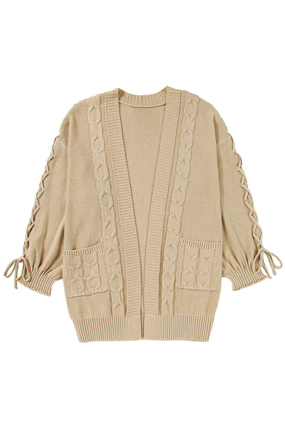 Parchment Cable Knit Braided Tie Sleeve Plus Size Knit Cardigan