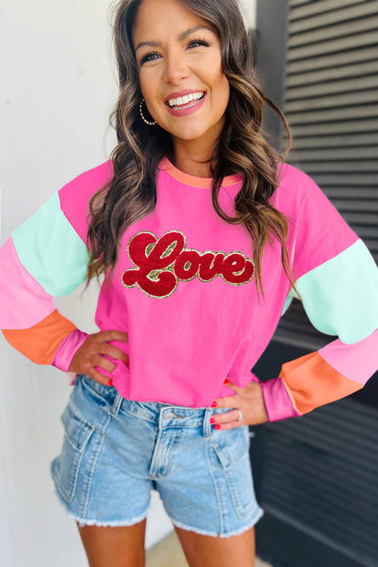 Rose Red Chenille Love Patched Colorblock Long Sleeve Crewneck Top