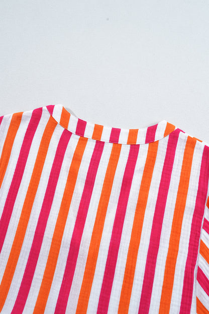 Orange Stripe Balloon Sleeve Notched V Neck Blouse