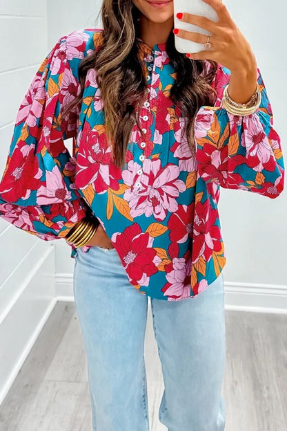 Red Floral Print Balloon Sleeve Half Buttons Blouse