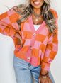 Black Checkered Drop Shoulder Buttoned V Neck Cardigan