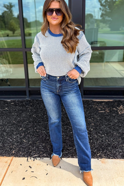 Dark Blue Waffle Knit Exposed Stitching Casual Top