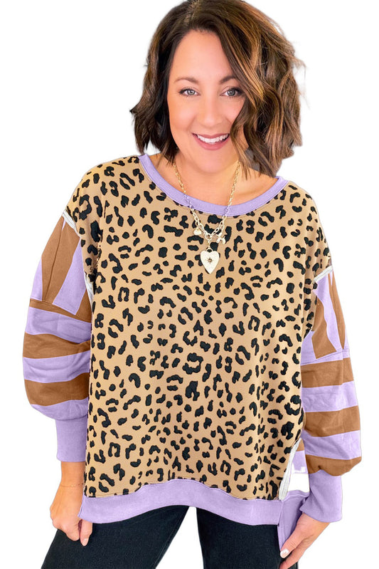 Purple Leopard Striped Patchwork Plus Size Loose Sweatshirt