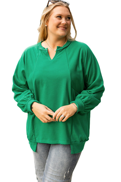 Bright Green Exposed Seam Notched Neck Plus Size Sweatshirt