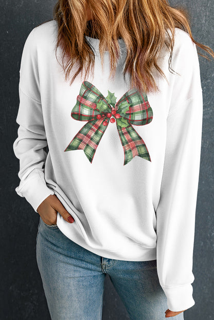 Beige Plaid Bow Graphic Christmas Crewneck Sweatshirt