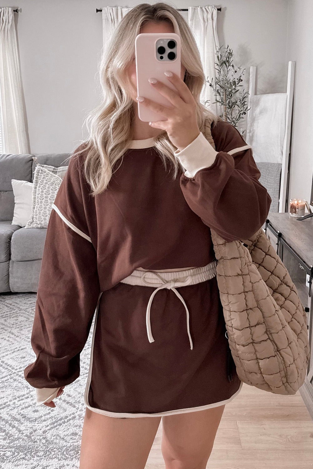 Rose Red Contrast Trim Loose Pullover and Lace-up Waist Shorts Set