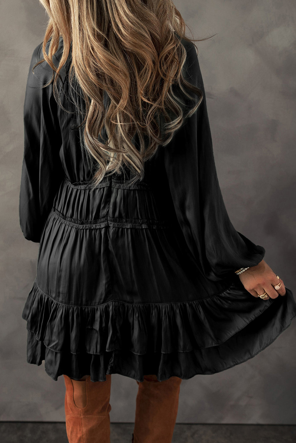 Black Puff Sleeve Loose Fit Tiered Ruffle Mini Dress