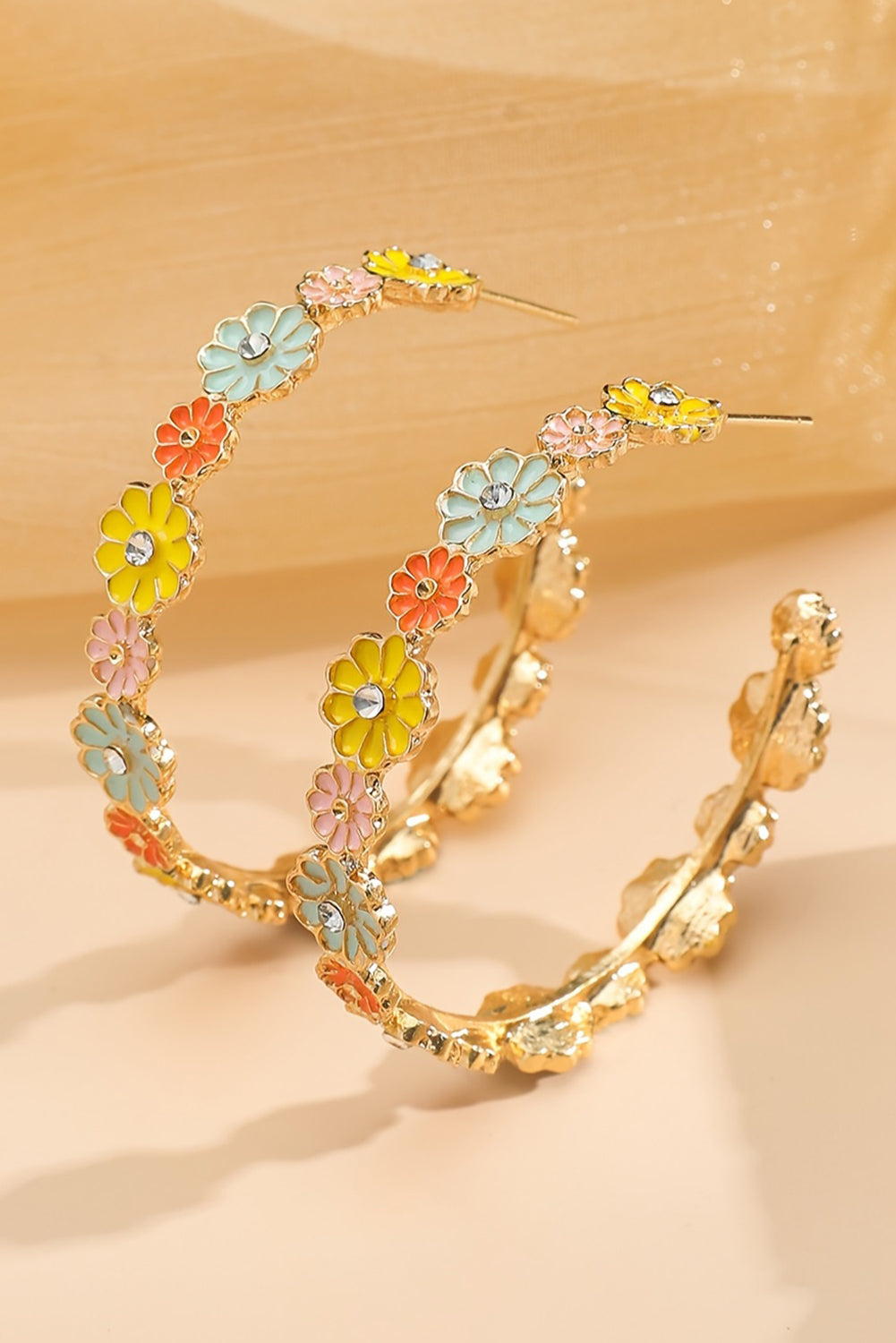 Gold Rhinestone Daisy Flowers Hoop Earrings