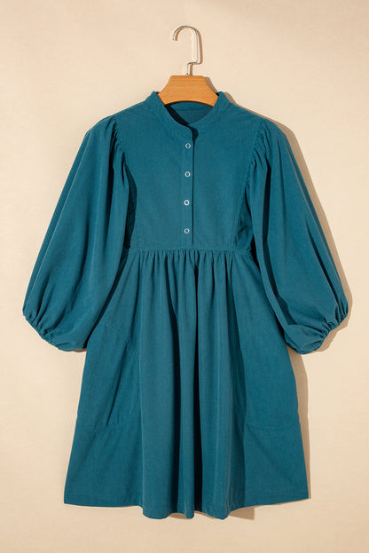 Light Blue Snap Button Empire Waist Lantern Sleeve Corduroy Dress