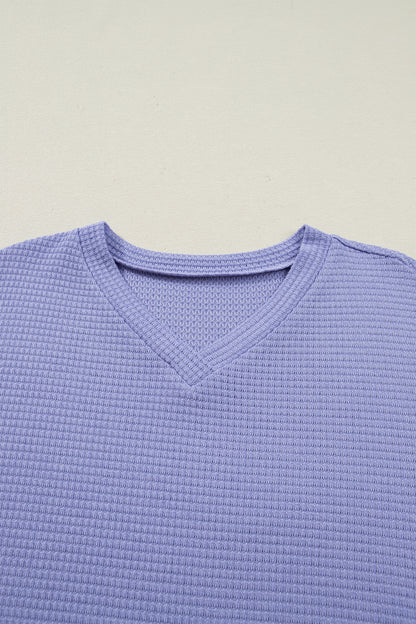 Clearly Aqua Waffle V Neck Short Sleeve Knit Top