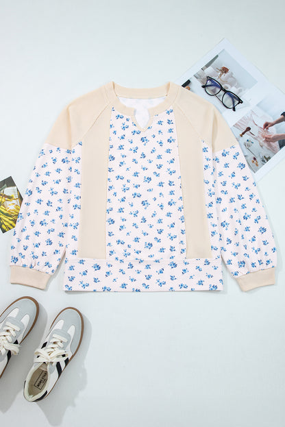 Beige Floral Print Waffle Patchwork Balloon Sleeve V Neck Oversized Top