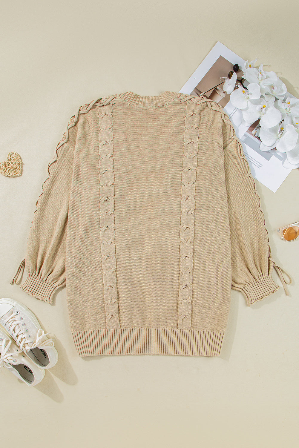 Parchment Cable Knit Braided Tie Sleeve Plus Size Knit Cardigan