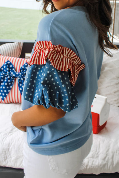 Fiery Red Stars Stripes Short Puff Sleeve Top