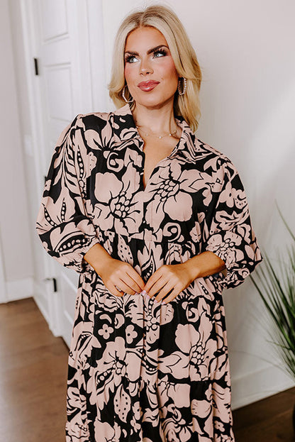 Black Floral Print Puff Sleeve Collared Plus Size Dress