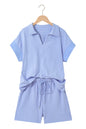 Purple Stripe Dolman Sleeve Polo Shirt and Drawstring Shorts Set