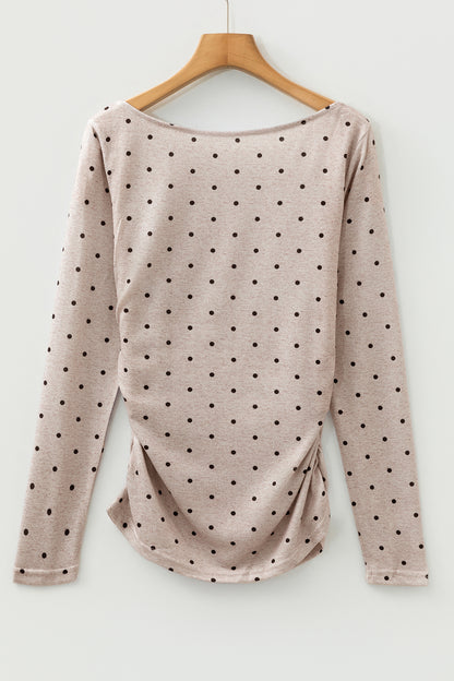 Dark Brown Polka Dot Boat Neck Knit Long Sleeve T Shirt