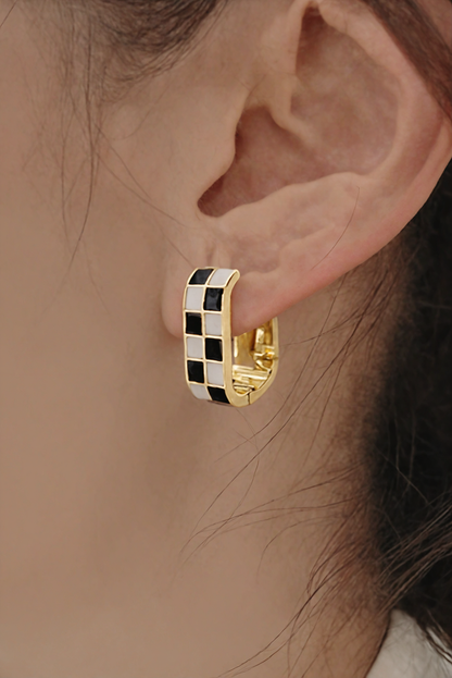 Gold Checkered Hoop Alloy Earrings