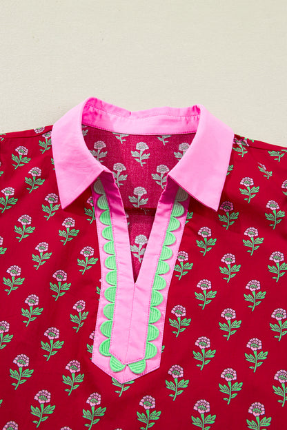 Red Floral Print Contrasted V Neck Short Bubble Sleeve Mini Dress