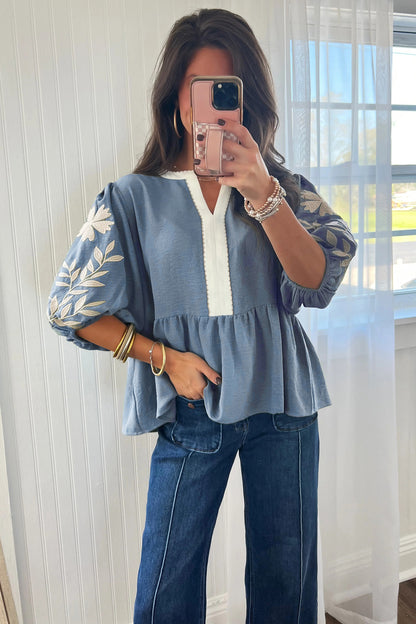 Smoke Green Color Block Patchwork V Neck Embroidered Puff Sleeve Babydoll Blouse