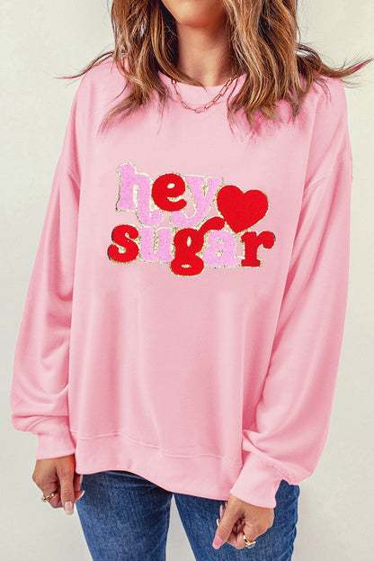 Black Chenille Heart hey sugar Patched Pattern Valentines Pullover Sweatshirt