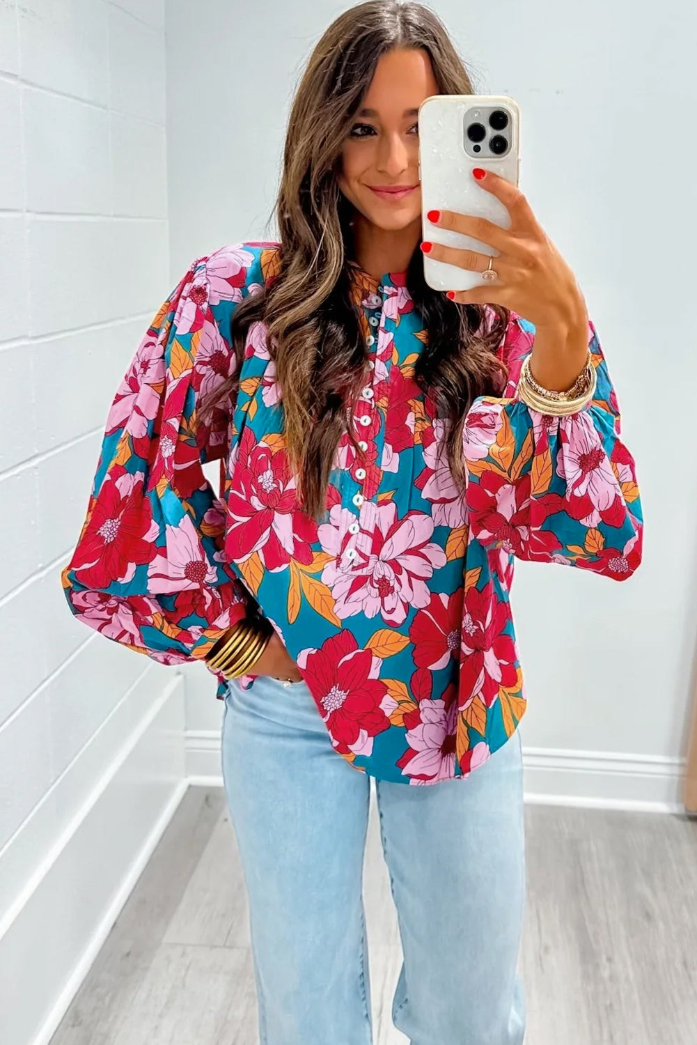 Red Floral Print Balloon Sleeve Half Buttons Blouse