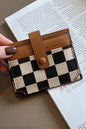 Coffee Leather Checkered Canvas Patchwork Card Wallet