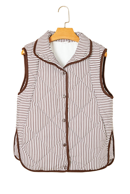 Brown Striped Snap Button Scalloped Hem Winter Vest