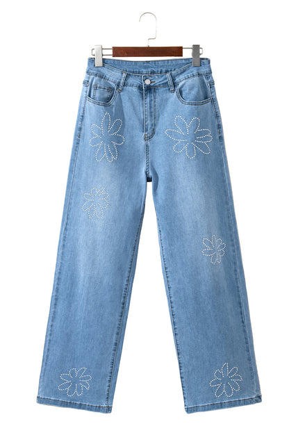 Light Blue Floral Beads Decor High Rise Wide Leg Jeans