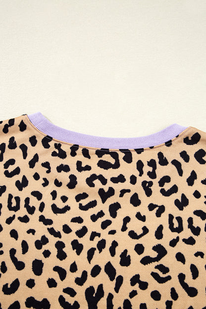Purple Striped Leopard Colorblock Side Slits Sweatshirt