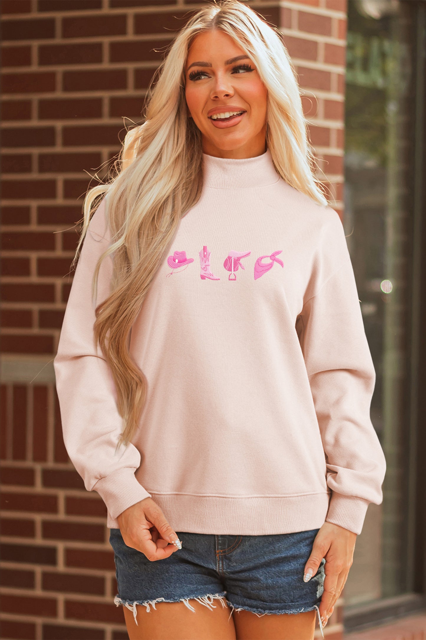 Apricot Pink Cowgirl Element Embroidered Detail Mock Neck Sweatshirt