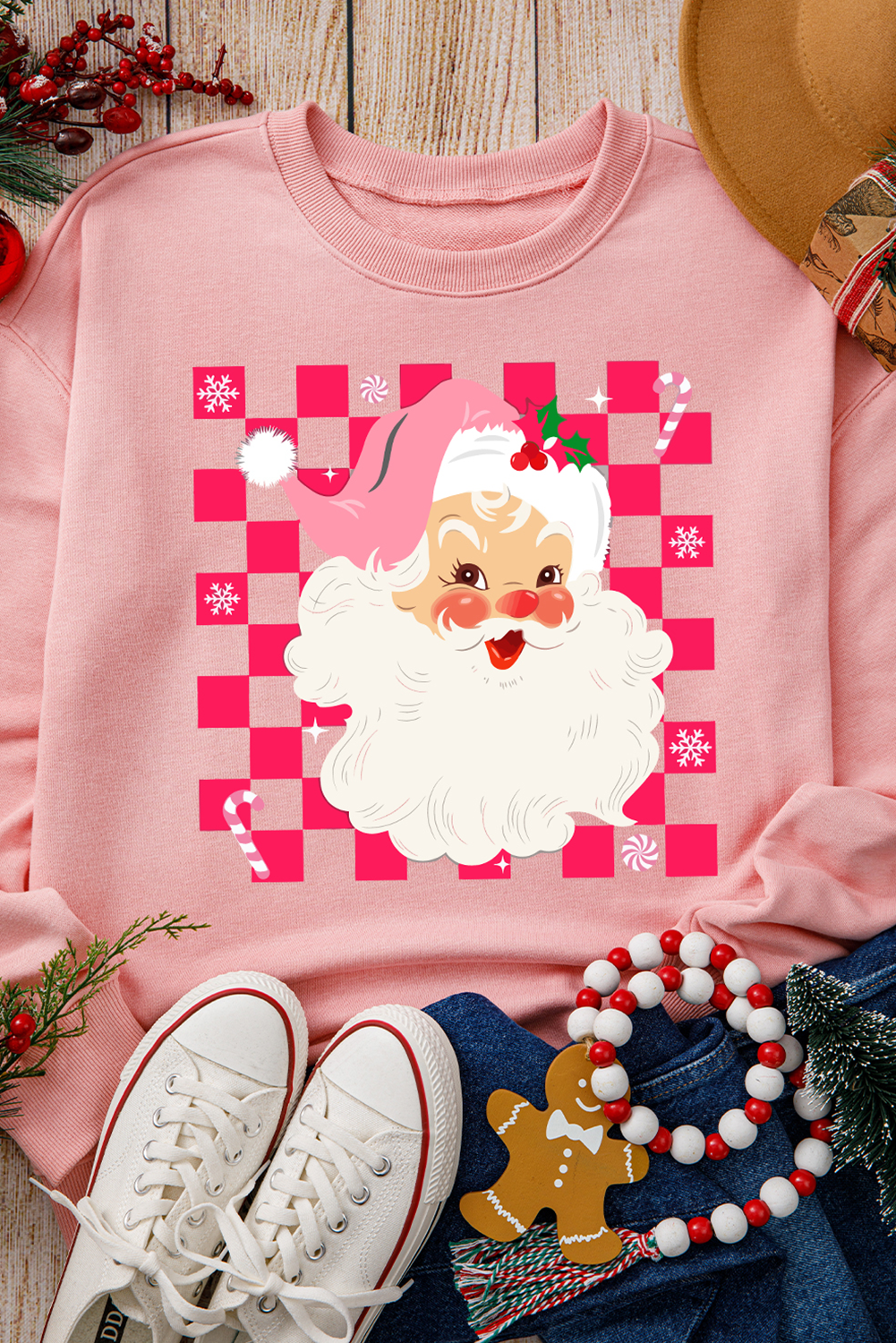 Pink Checkerd Santa Claus Graphic Round Neck Sweatshirt