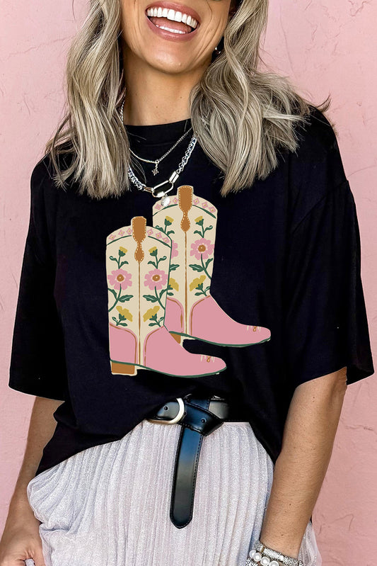 Black Floral Boots Graphic T Shirt