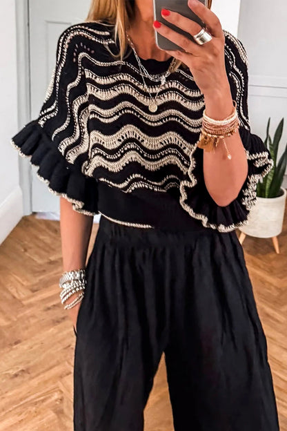 Beige Stripe Wavy Crochet Eyelet Detail Ruffle Half Sleeve Sweater