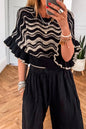 Beige Stripe Wavy Crochet Eyelet Detail Ruffle Half Sleeve Sweater